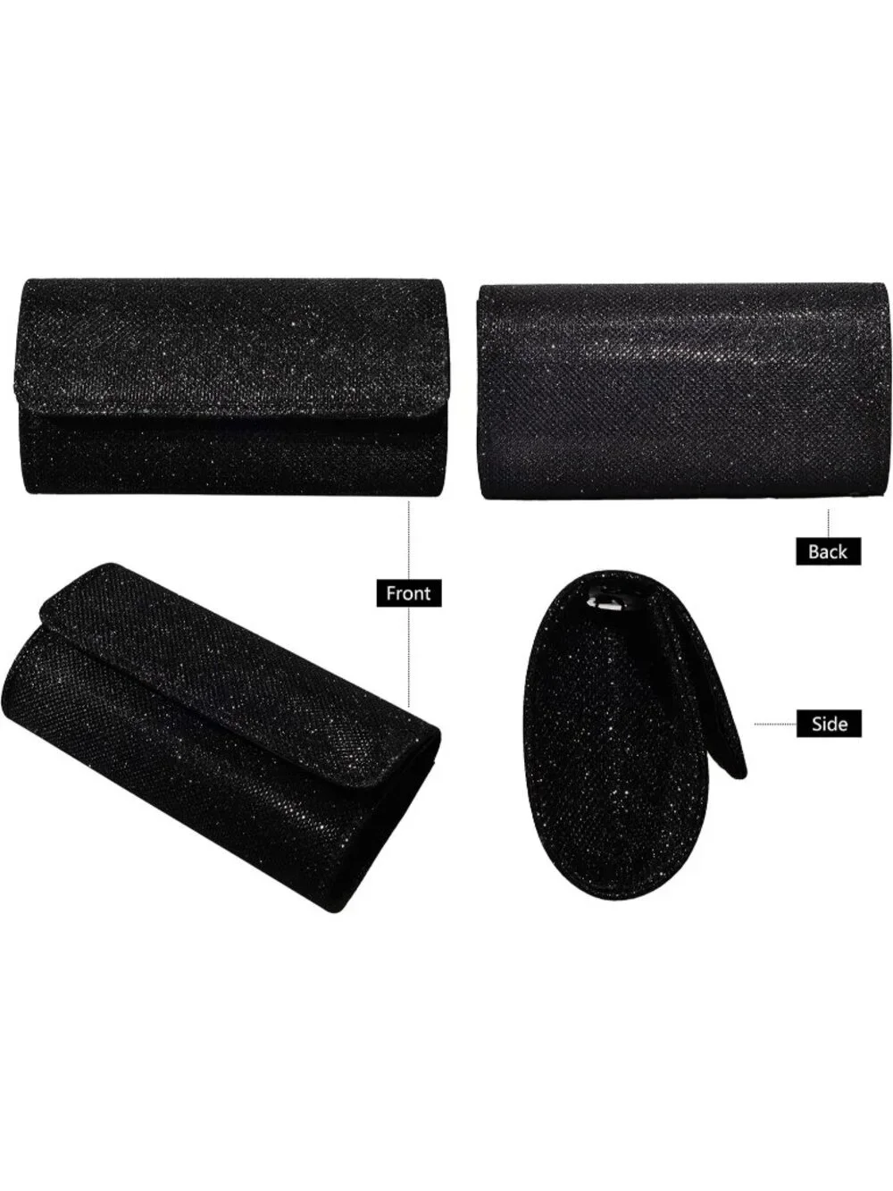 Women's Black Glitter Clutch Purse Evening Bag With Chain For Wedding Handbag